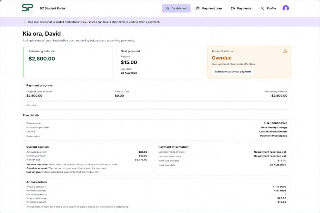 Illustration of a student payment plan, remaining balance, next payment and upcoming instalments